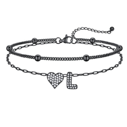 Layered Heart Bubble Initial L Anklet Black Plated