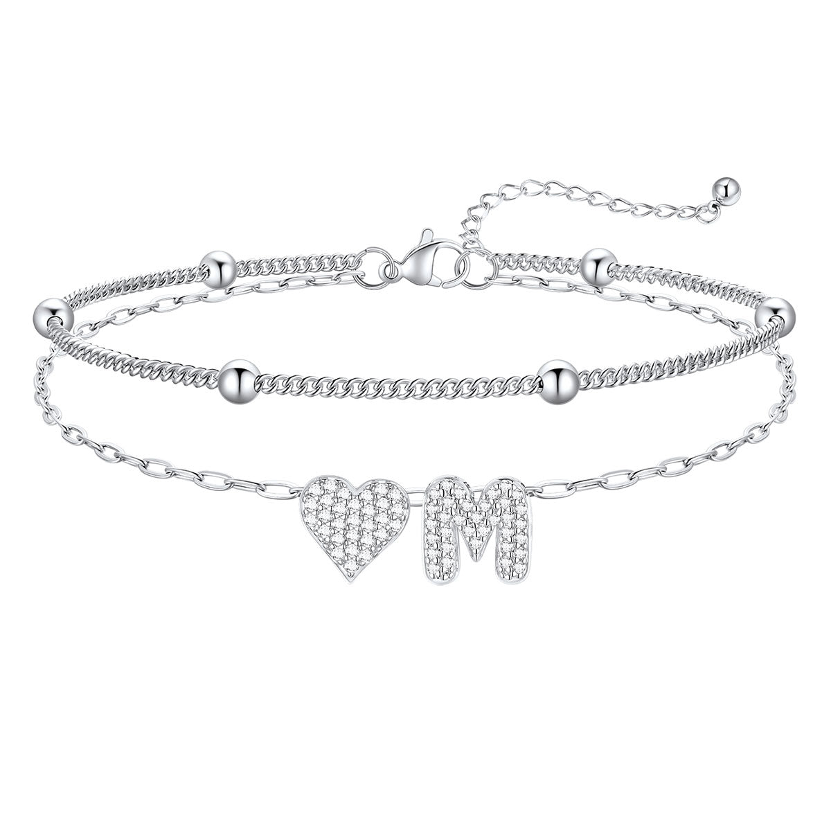 Layered Heart Bubble Initial M Anklet 