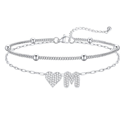 Layered Heart Bubble Initial M Anklet 