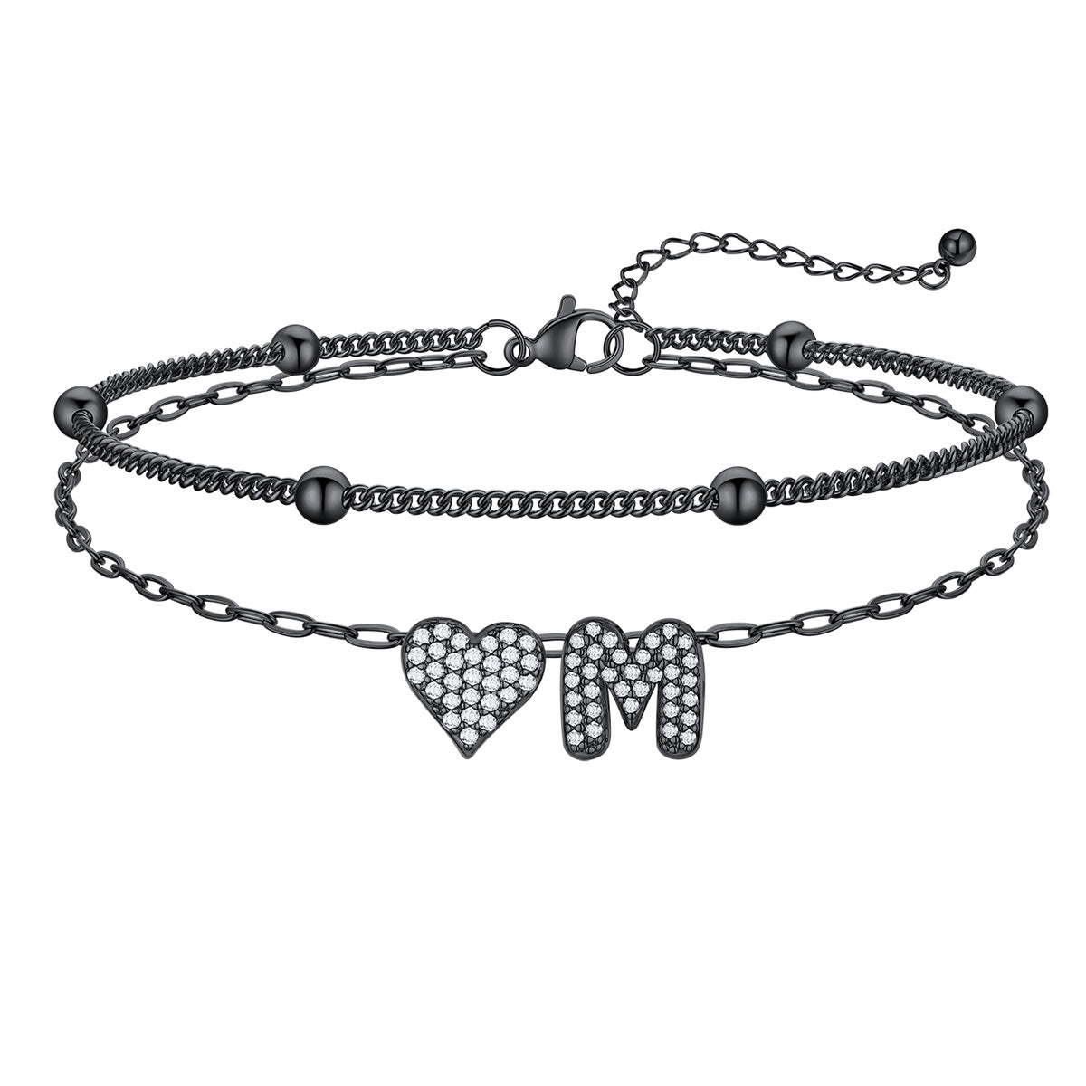 Layered Heart Bubble Initial M Anklet Black Plated