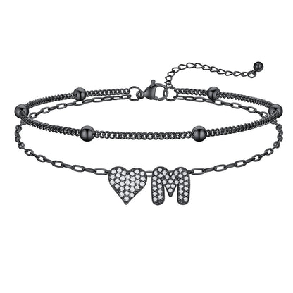 Layered Heart Bubble Initial M Anklet Black Plated