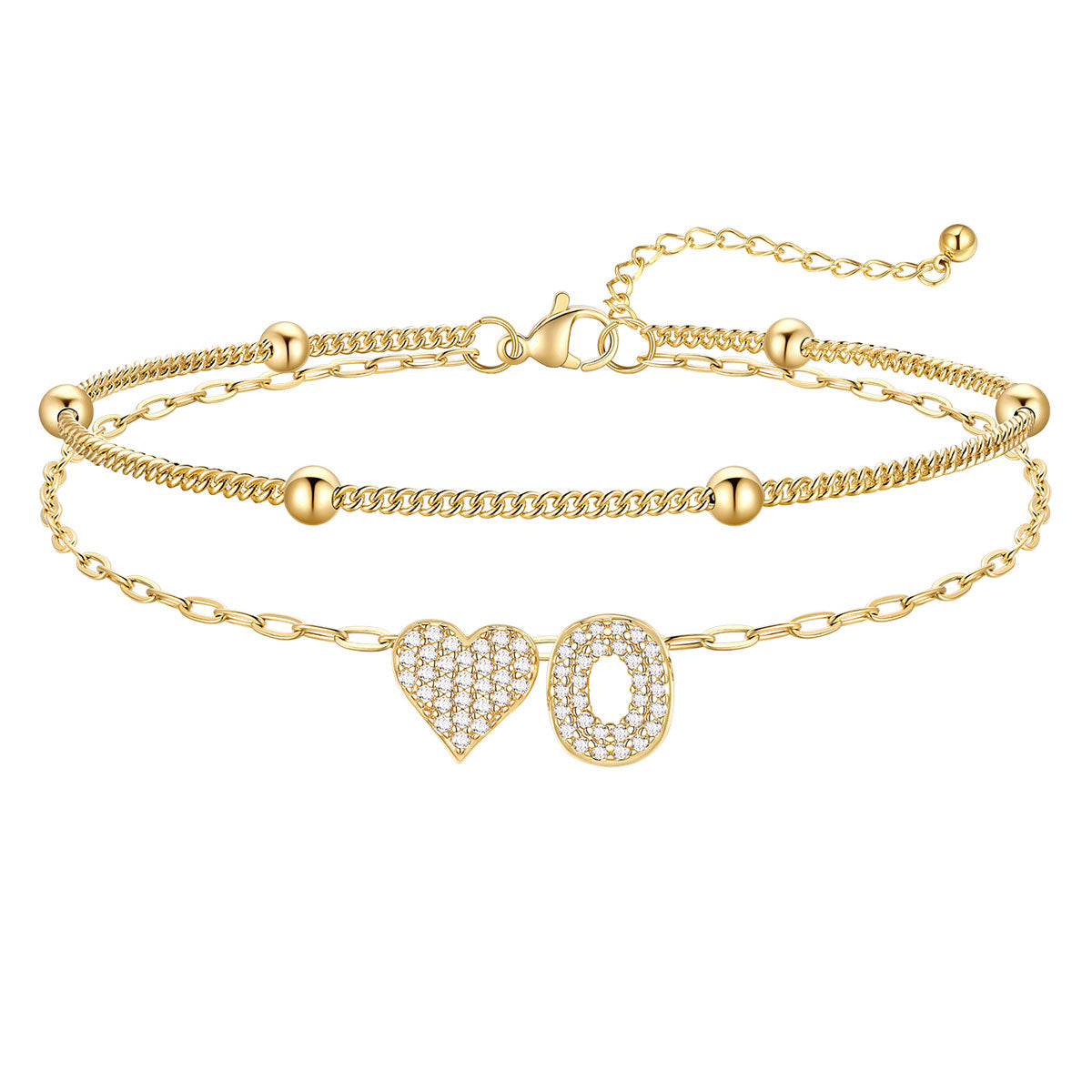 Layered Heart Bubble Initial O Anklet Gold Plated