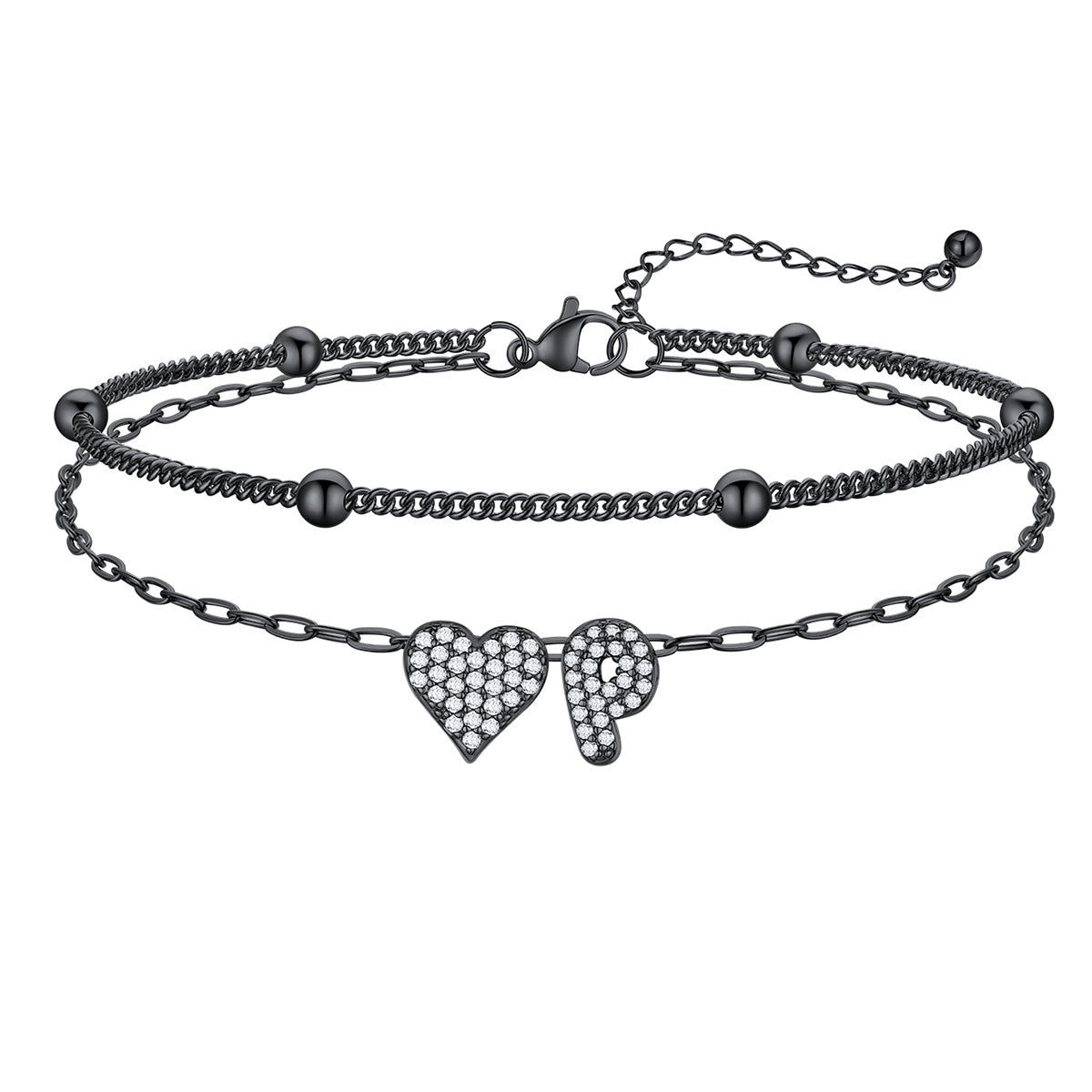 Layered Heart Bubble Initial P Anklet Black Plated