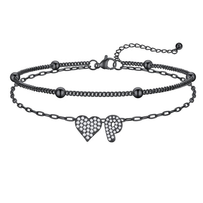 Layered Heart Bubble Initial P Anklet Black Plated