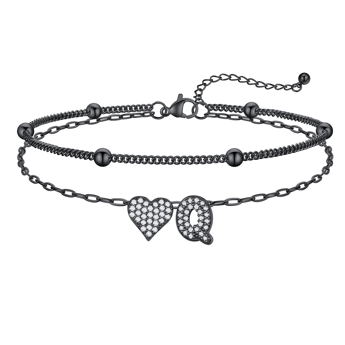 Layered Heart Bubble Initial Q Anklet Black Plated