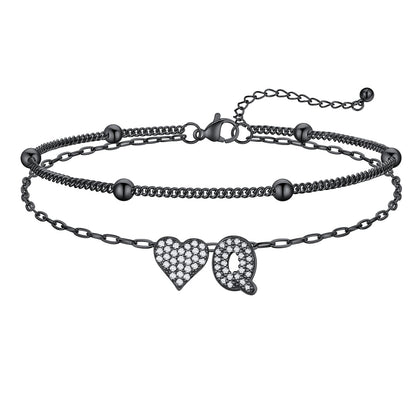 Layered Heart Bubble Initial Q Anklet Black Plated