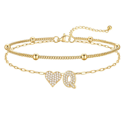 Layered Heart Bubble Initial Q Anklet Gold Plated