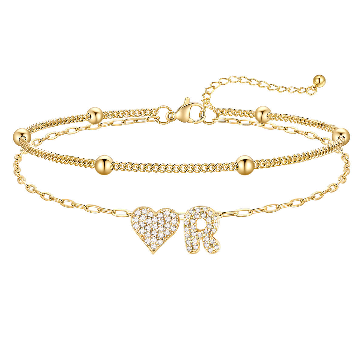Layered Heart Bubble Initial R Anklet Gold Plated