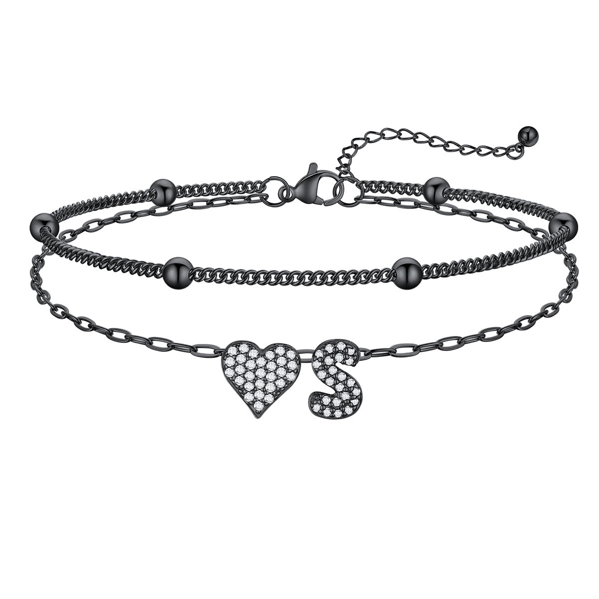 Layered Heart Bubble Initial S Anklet Black Plated