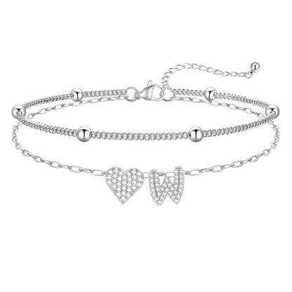Layered Heart Bubble Initial W Anklet 