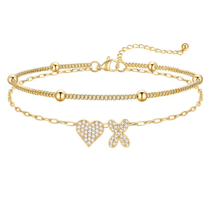 Layered Heart Bubble Initial X Anklet Gold Plated