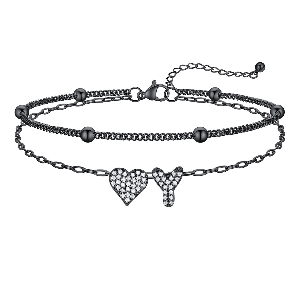 Layered Heart Bubble Initial Y Anklet Black Plated