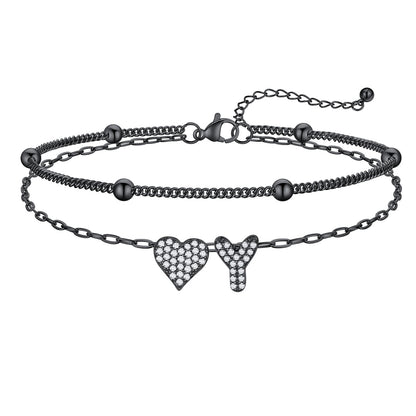 Layered Heart Bubble Initial Y Anklet Black Plated