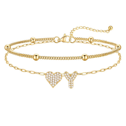 Layered Heart Bubble Initial Y Anklet Gold Plated