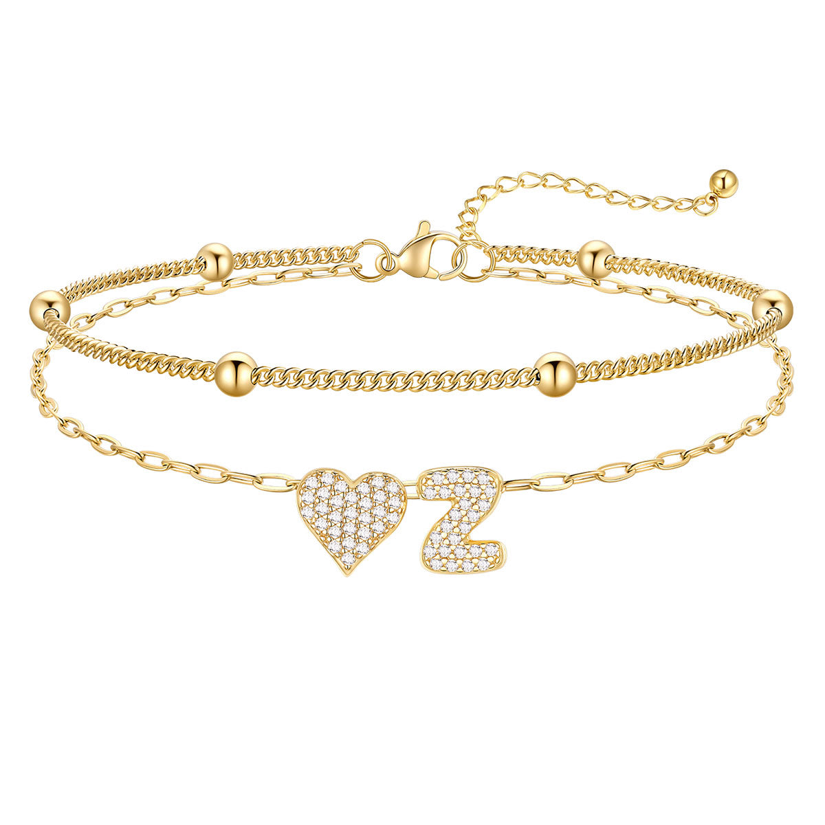 Layered Heart Bubble Initial Z Anklet Gold Plated