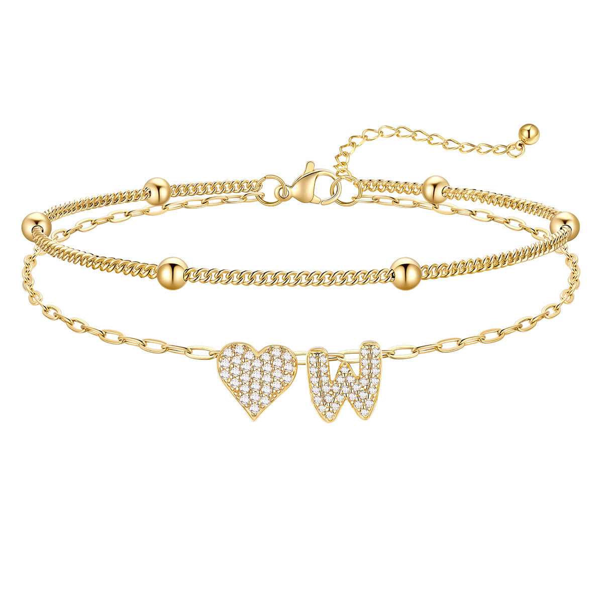 Layered Heart Bubble Initial w Anklet Gold Plated