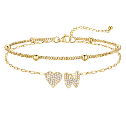 Layered Heart Bubble Initial w Anklet Gold Plated