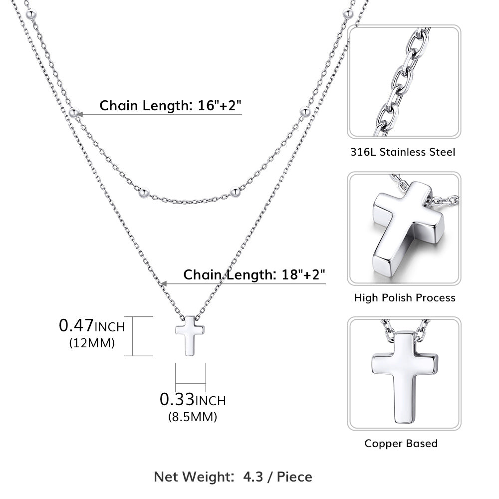 Layered Silver cross necklace with chain length, width, and material details on a white background