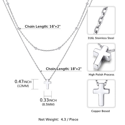 Layered Silver cross necklace with chain length, width, and material details on a white background