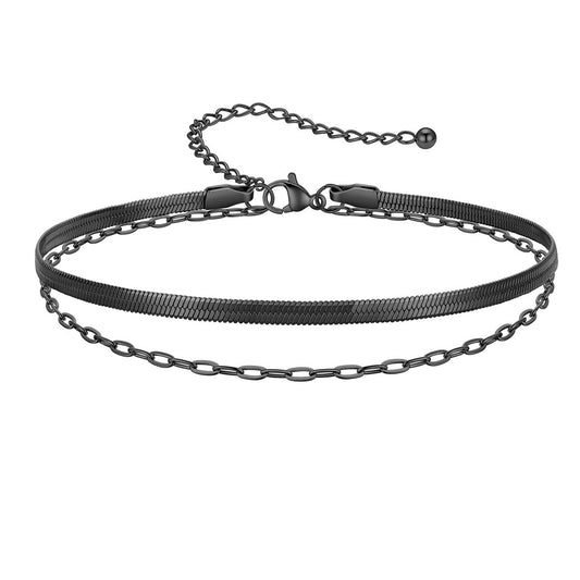 Layered Snake Chain Anklets for Women Black Plated
