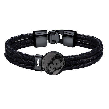Leather Braided Photo 1 Name Bracelet Black Plated