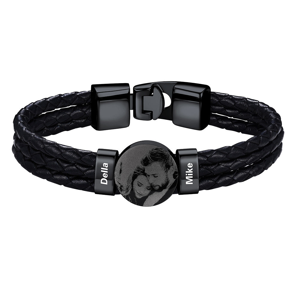Leather Braided Photo 2 Name Bracelet Black Plated