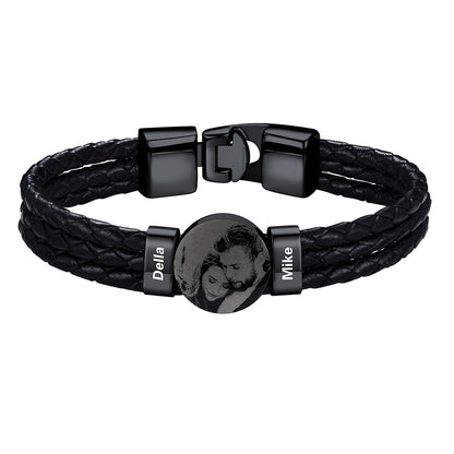 Leather Braided Photo 2 Name Bracelet Black Plated