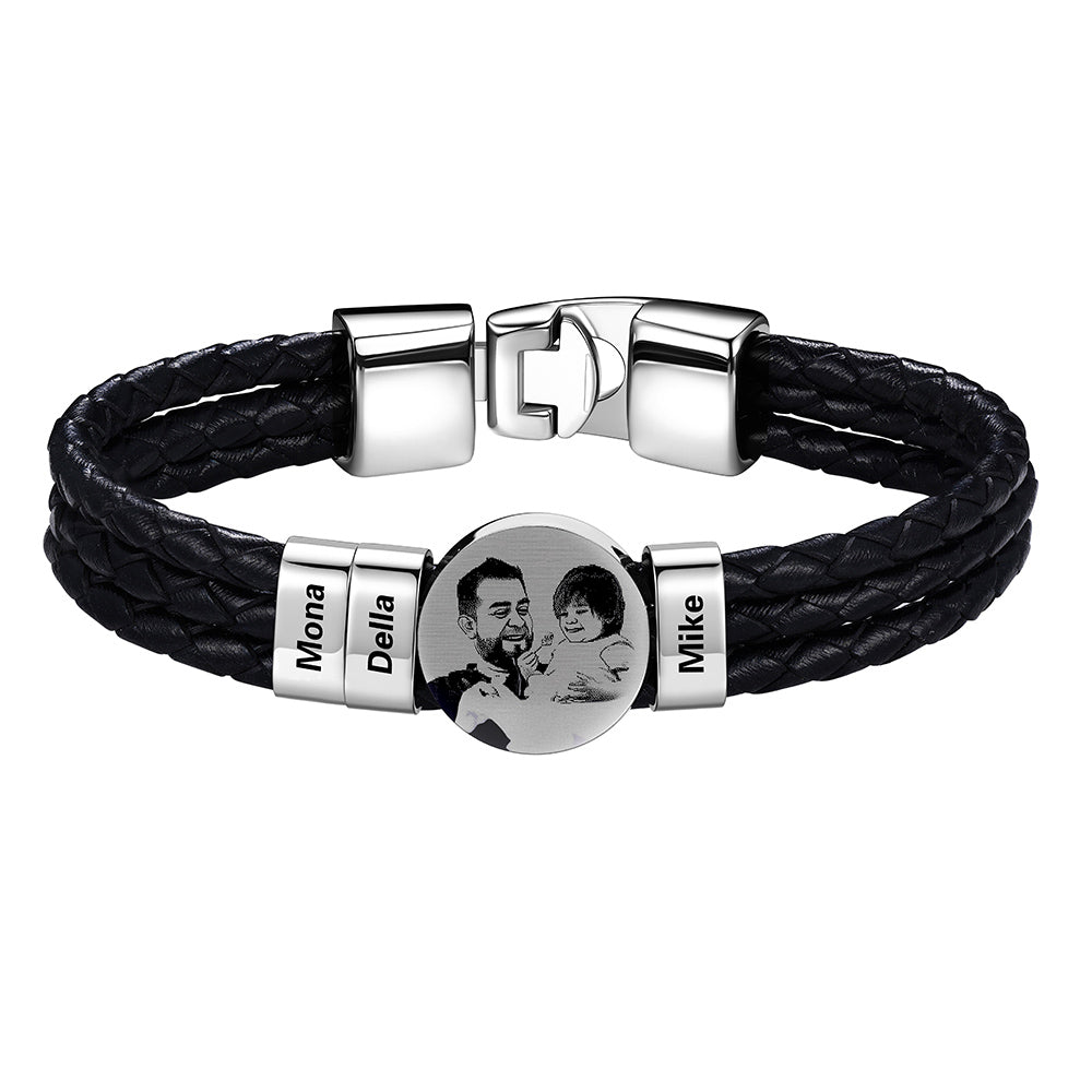 Leather Braided Photo 3 Name Bracelet