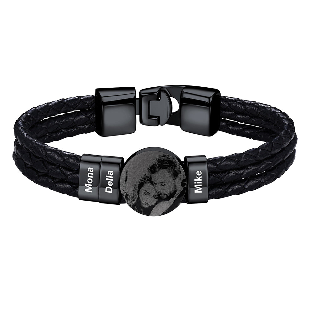 Leather Braided Photo 3 Name Bracelet Black Plated