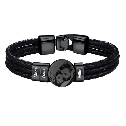 Leather Braided Photo 3 Name Bracelet Black Plated