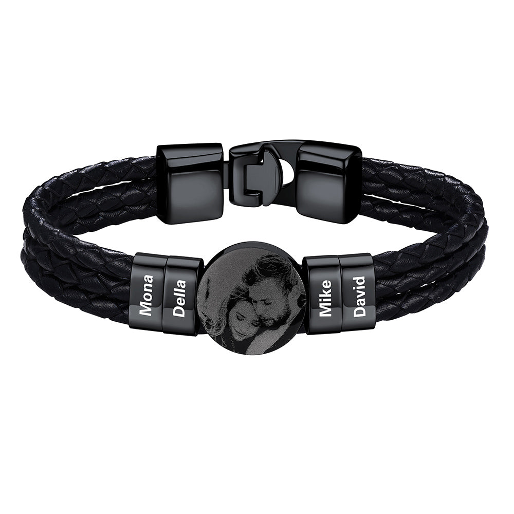 Leather Braided Photo 4 Name Bracelet Black Plated