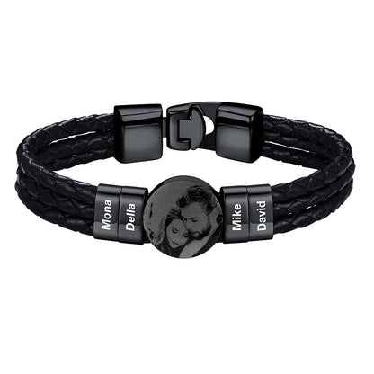 Leather Braided Photo 4 Name Bracelet Black Plated