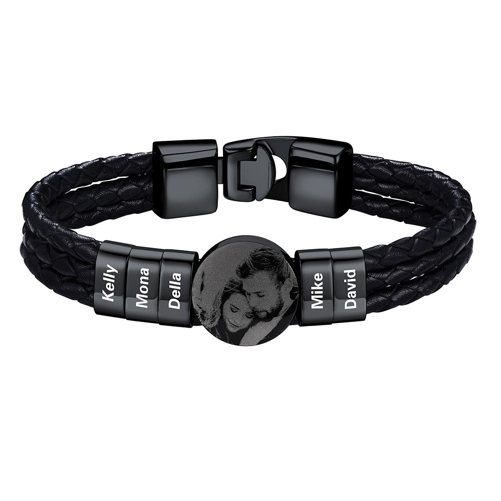 Leather Braided Photo 5 Name Bracelet Black Plated