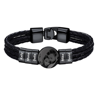 Leather Braided Photo 5 Name Bracelet Black Plated