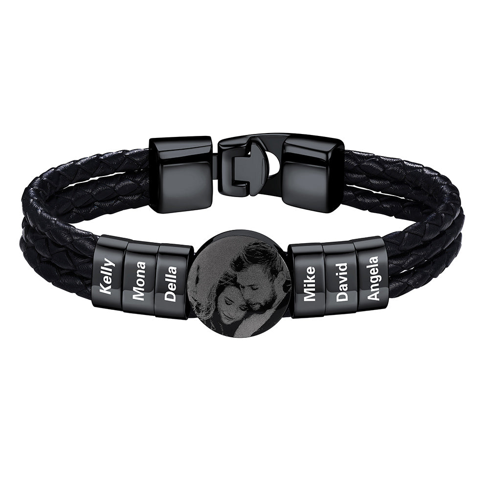 Leather Braided Photo 6 Name Bracelet Black Plated