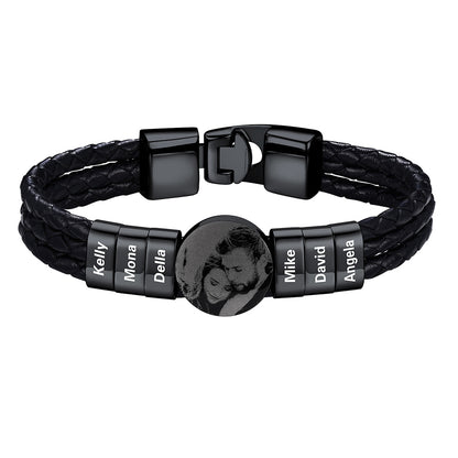Leather Braided Photo 6 Name Bracelet Black Plated