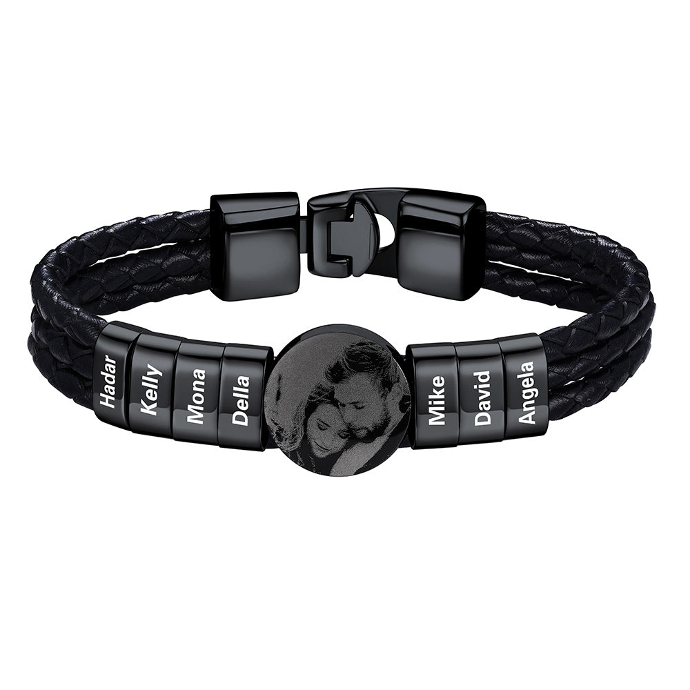 Leather Braided Photo 7 Name Bracelet Black Plated