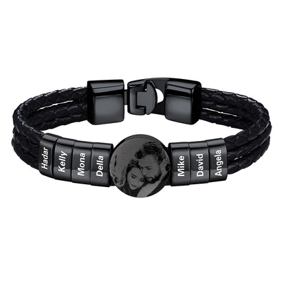 Leather Braided Photo 7 Name Bracelet Black Plated