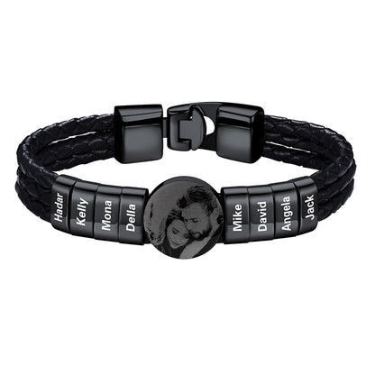 Leather Braided Photo 8 Name Bracelet Black Plated