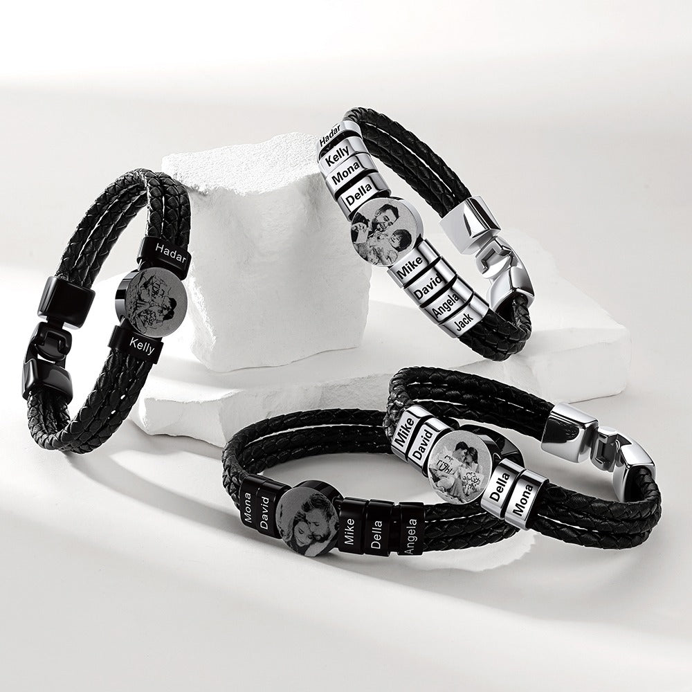 Leather Braided Photo Bracelet with Engraving Beads in different color
