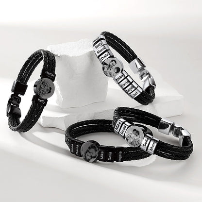 Leather Braided Photo Bracelet with Engraving Beads in different color