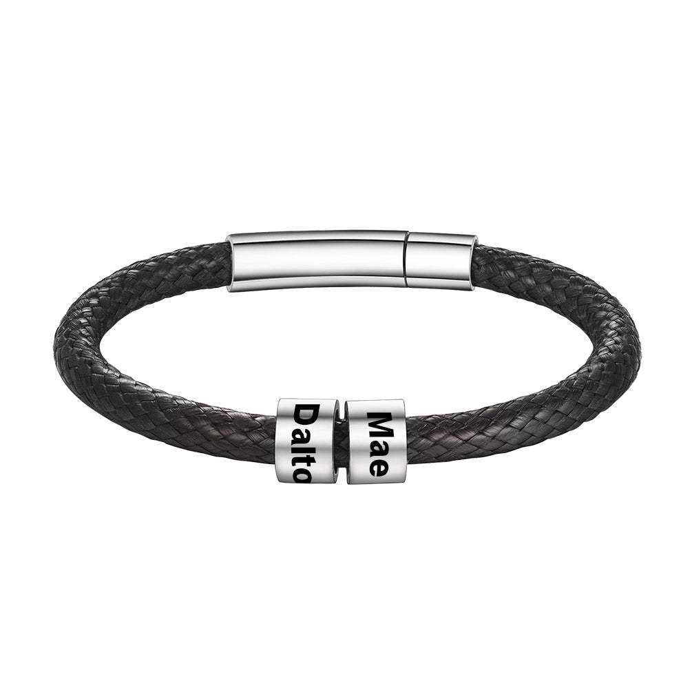 Leather Braided Rope Bracelet with Engraving 2 Beads 