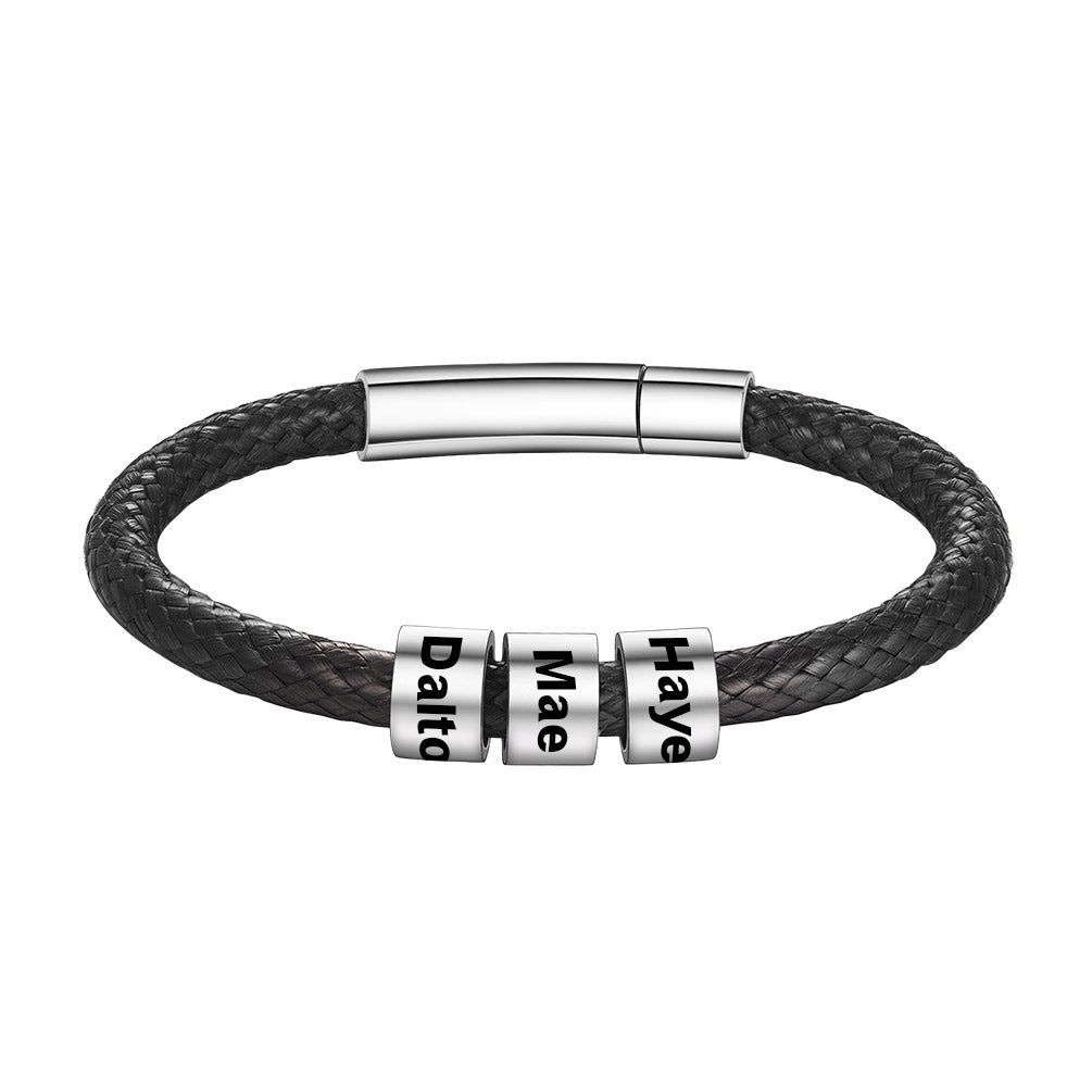 Leather Braided Rope Bracelet with Engraving 3 Beads 