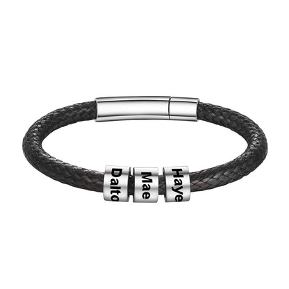 Leather Braided Rope Bracelet with Engraving 3 Beads 