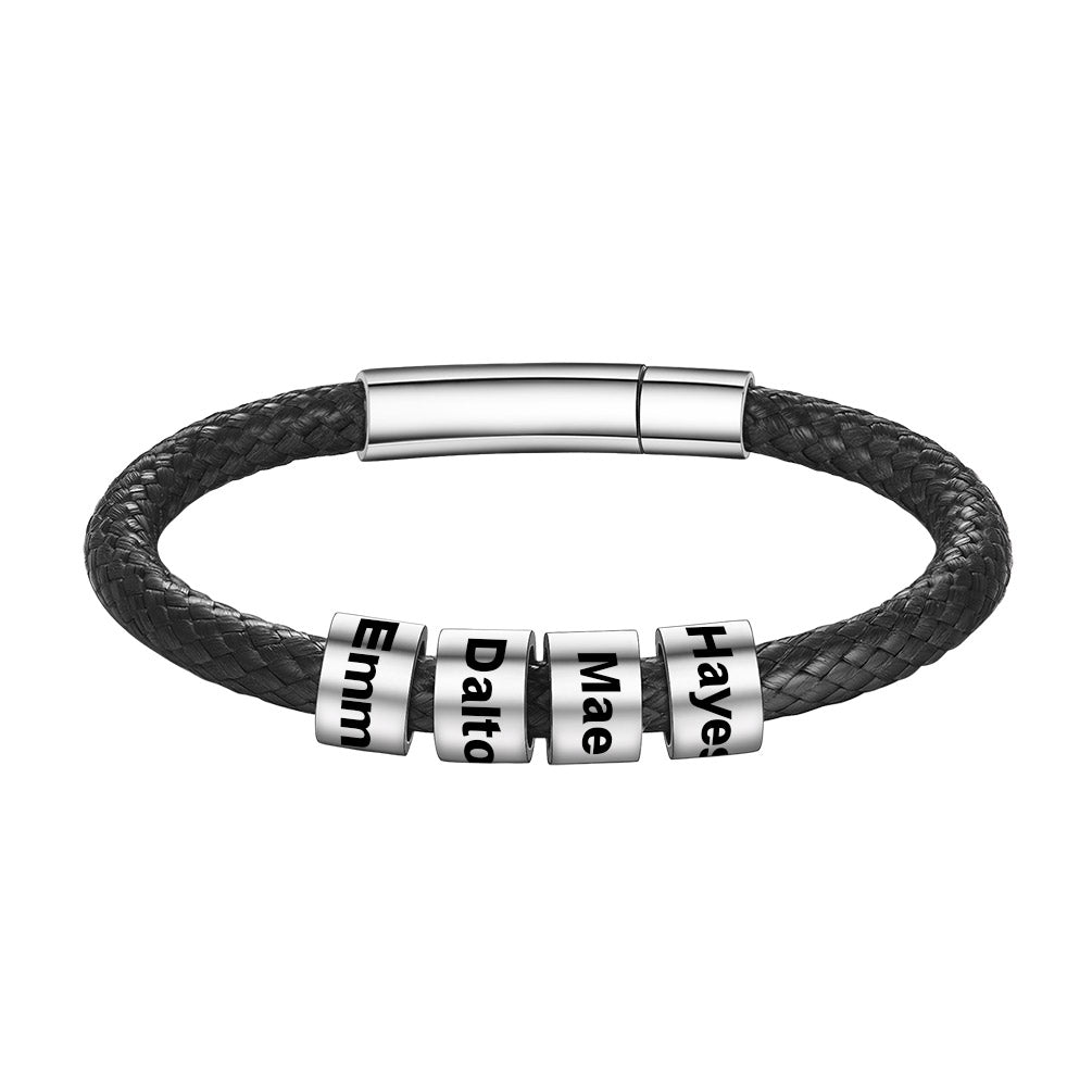 Leather Braided Rope Bracelet with Engraving Beads