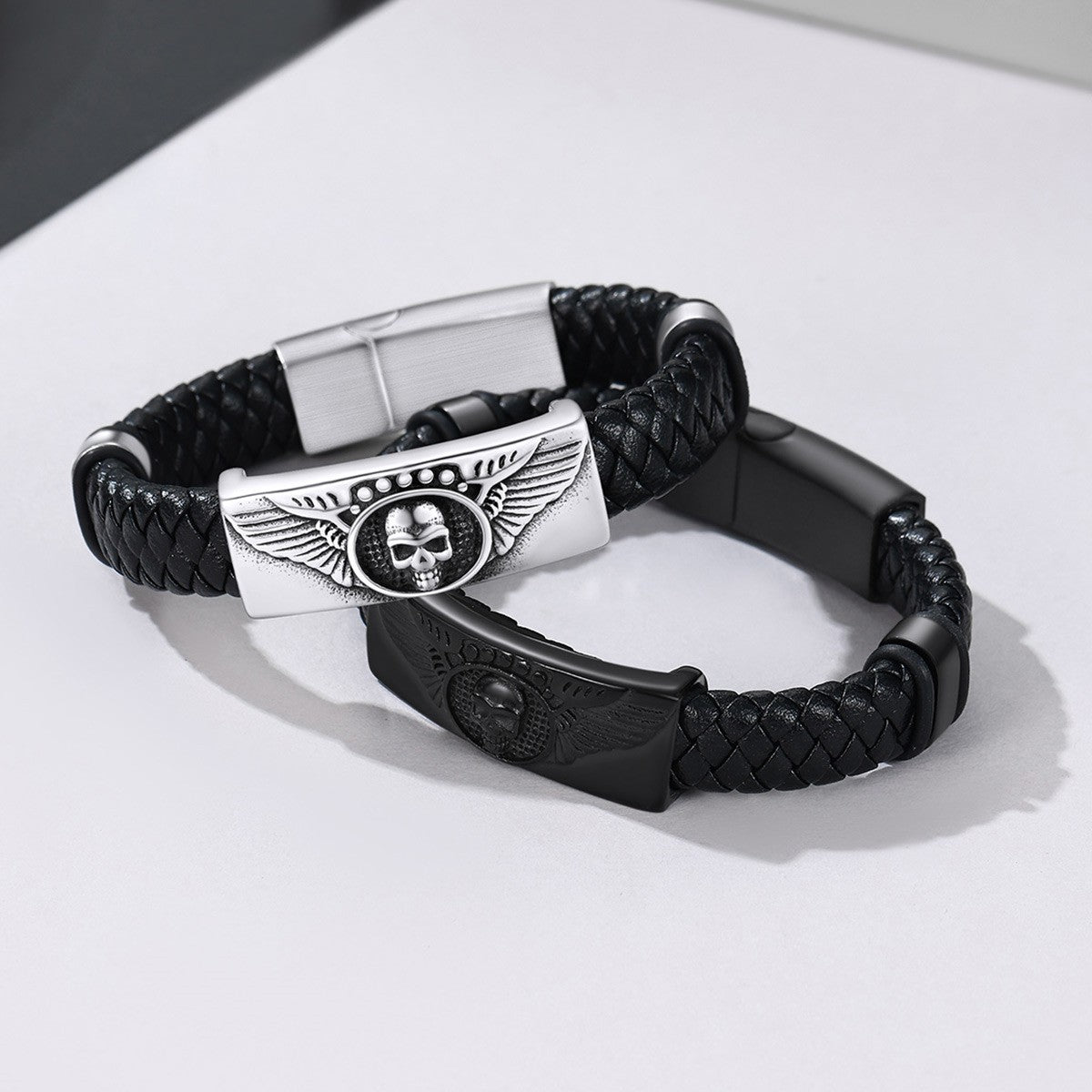 Custom Engraved Leather Braided Skull Wing Bracelet – BIRTHSTONES