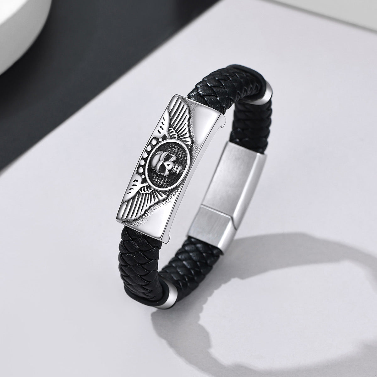 Leather Skull Wing Bracelet in Stainless Steel
