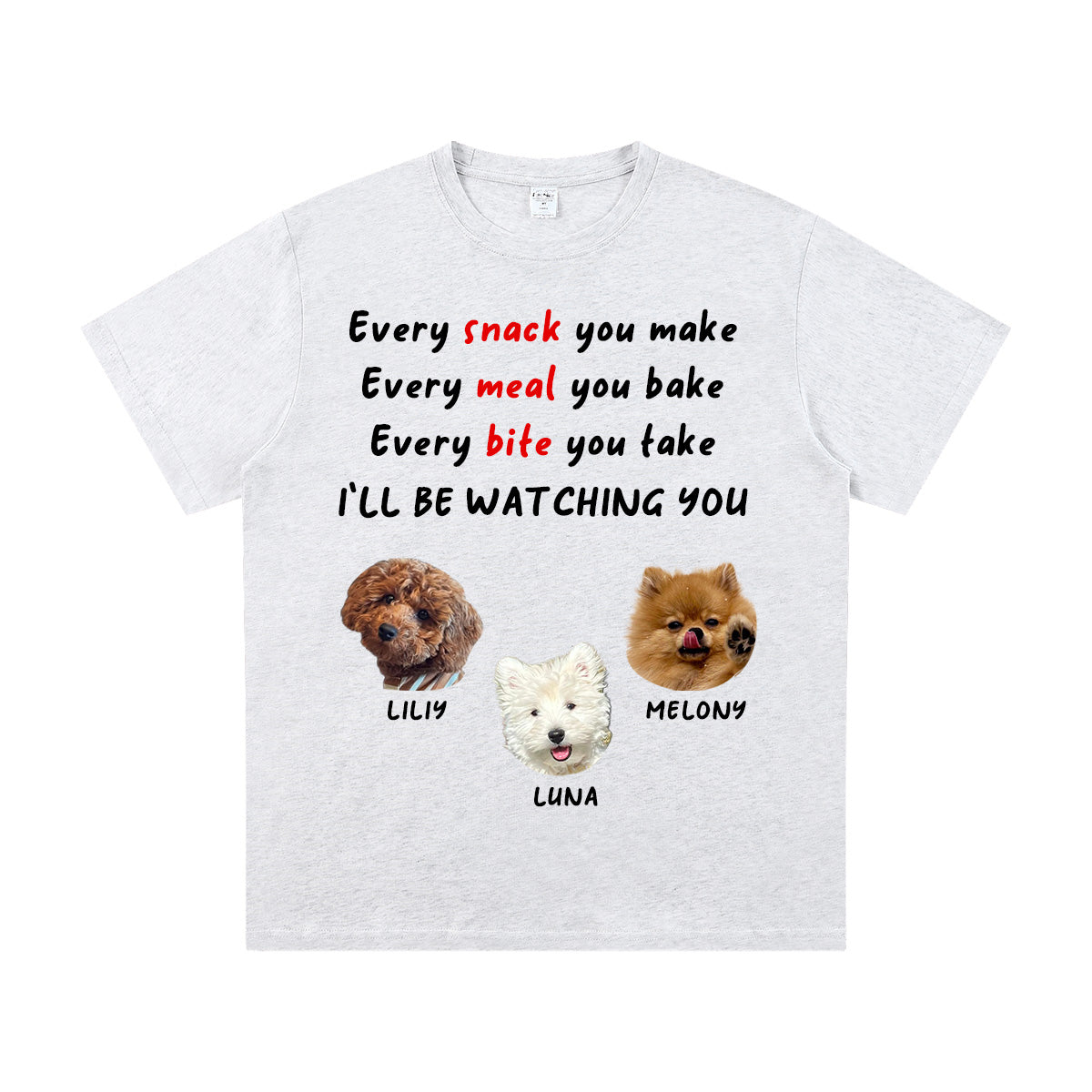 Light Grey t-shirt with 3 dogs illustrations and text on a white background
