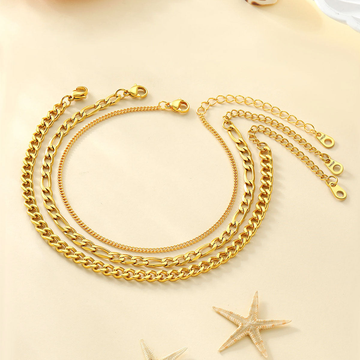 Link Chain Layered Ankle Bracelet Set 3PCS