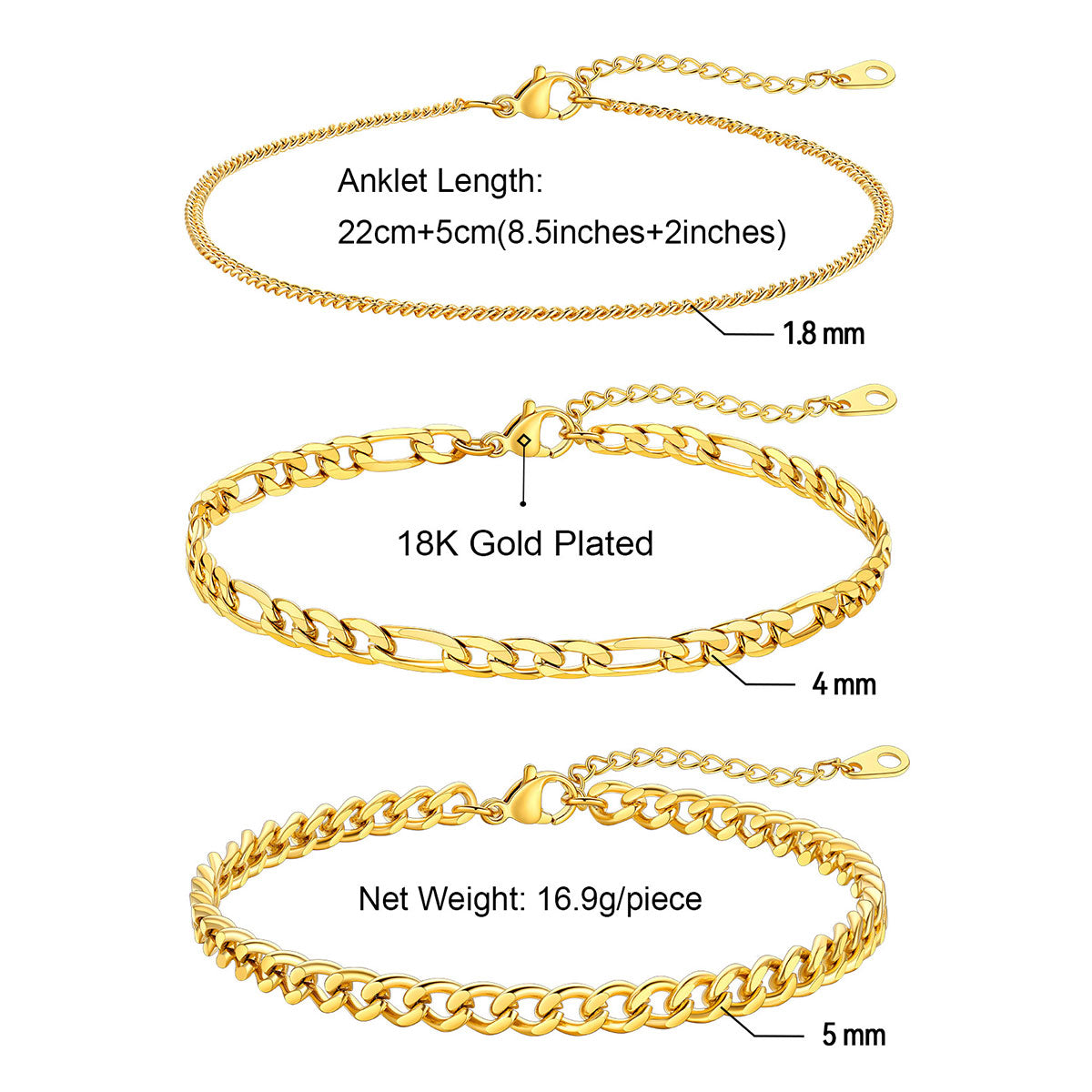 Link Chain Layered Ankle Bracelet Set 3PCS Dimension, Durable